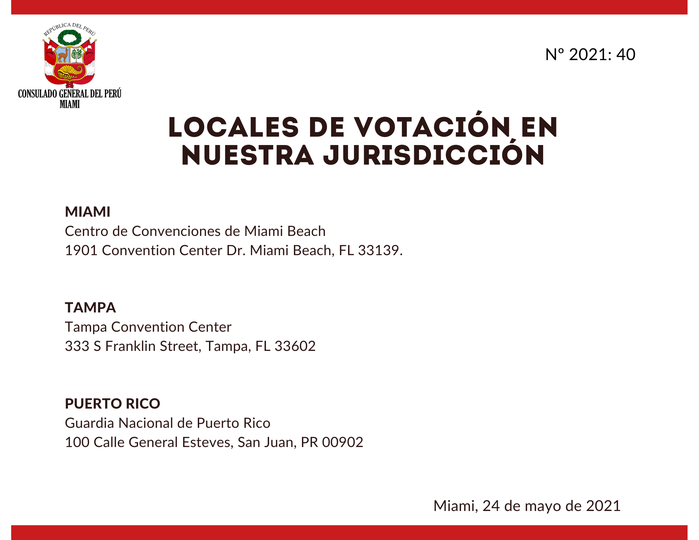 Puestos de votación peruanos en Miami, la Florida y Puerto Rico